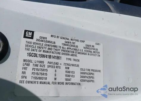 2001 Chevrolet Astro z USA, uszkodzony, nr VIN 1GCDL19W41B141861